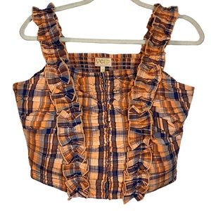 Anthropologie Verb NWT Ruffled Orange Blue Plaid Tank Western Size M